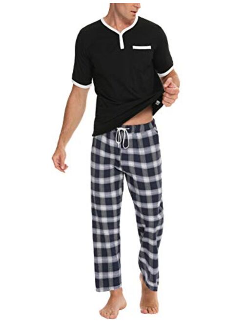 Daupanzees Men's Cotton Plaid Sleepwear Short Sleeve Top & Bottom Pajama Set