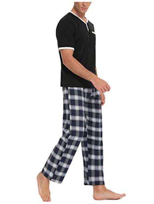 Daupanzees Men's Cotton Plaid Sleepwear Short Sleeve Top & Bottom Pajama Set