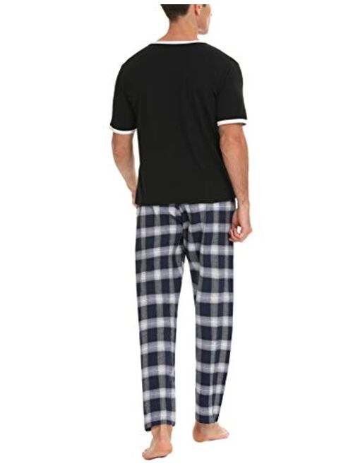 Daupanzees Men's Cotton Plaid Sleepwear Short Sleeve Top & Bottom Pajama Set