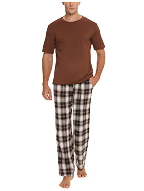 Daupanzees Men's Cotton Plaid Sleepwear Short Sleeve Top & Bottom Pajama Set