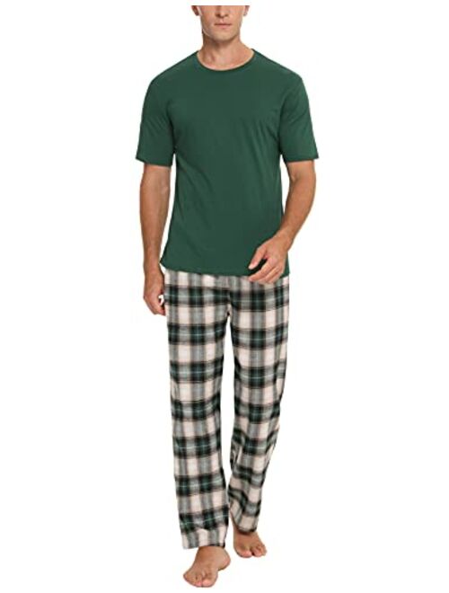 Daupanzees Men's Cotton Plaid Sleepwear Short Sleeve Top & Bottom Pajama Set