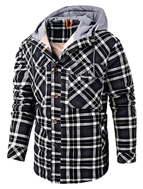 chouyatou Men's Winter Thick Fuzzy Sherpa Lined Corduroy Plaid Button Up Flannel Shirt Jacket