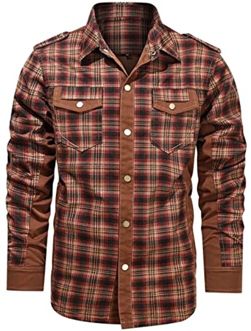 chouyatou Men's Winter Thick Fuzzy Sherpa Lined Corduroy Plaid Button Up Flannel Shirt Jacket