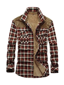 Men's Warm Long Sleeve Fleece Lined Spliced Plaid Button Down Shirt