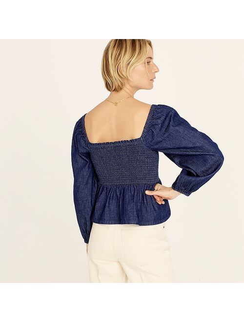 J.Crew Puff-sleeve chambray smocked top