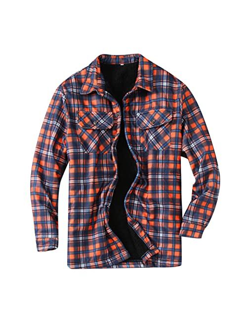 DZQUY Mens Long Sleeve Sherpa Fleece Flannel Shirts Button Down Berber Lined Shackets Warm Camp Shirts Plaid Jackets Coats