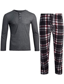 Ten West Apparel Men's Pajama Set - Polar Fleece Flannel Plaid Pajama Pants with Thermal Henley Sleep Shirt