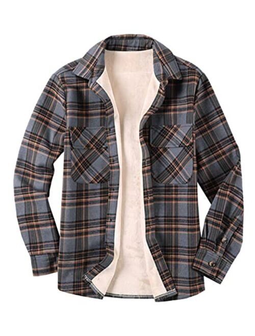 LifeHe Men's Sherpa Fleece Flannel Shirt Button Up Long Sleeve Plaid Shirts Jacket