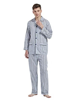 Amaxer Mens 100% Cotton Pajamas Set Long Sleeve Pjs Button Fly Pants Soft Elastic Drawstring Waistband Bottoms