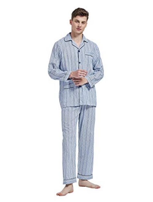Amaxer Mens 100% Cotton Pajamas Set Long Sleeve Pjs Button Fly Pants Soft Elastic Drawstring Waistband Bottoms