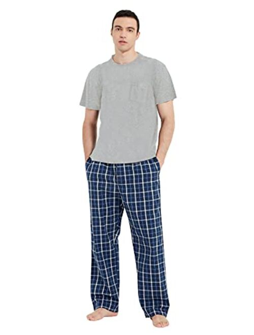 Amaxer Mens 100% Cotton Pajamas Set Long Sleeve Pjs Button Fly Pants Soft Elastic Drawstring Waistband Bottoms