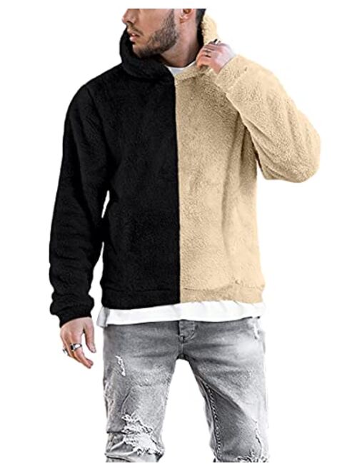 Renaowin Mens Fuzzy Sherpa Pullover Hoodies Sweatshirts Long Sleeve Color Block Hooded Sweater