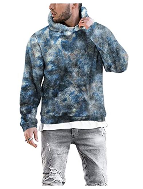 Renaowin Mens Fuzzy Sherpa Pullover Hoodies Sweatshirts Long Sleeve Color Block Hooded Sweater