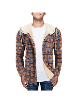 Mens Plaid Fleece Hooded Jacket Unisex Flannel Lined Long Sleeves Drawstring Fuzzy Hoodie Shirt Coat