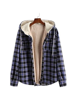 Mens Plaid Fleece Hooded Jacket Unisex Flannel Lined Long Sleeves Drawstring Fuzzy Hoodie Shirt Coat