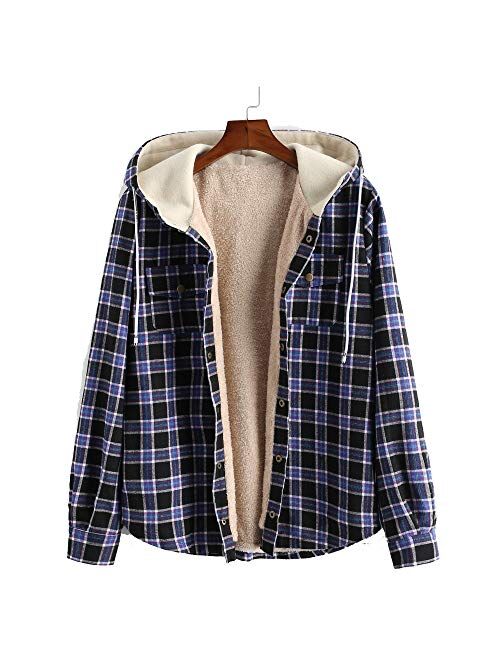 ZAFUL Men’s Plaid Fleece Hooded Jacket Unisex Flannel Lined Long Sleeves Drawstring Fuzzy Hoodie Shirt Coat