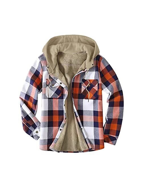 Muyise Men Flannel Shirt Jacket with Hooded Thickened Warm Fleece Lined Plaid Jacket Coat Buttoned Hoodie Thermal Outerwear