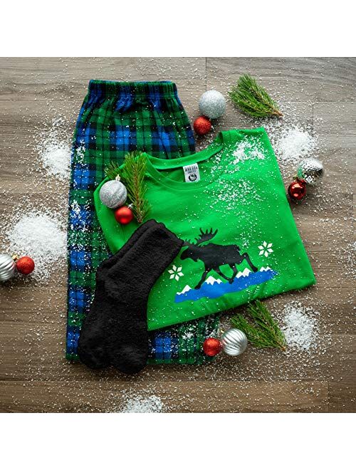 Mad Dog Concepts Matching Family Green Plaid Moose Christmas Holiday Pajamas Set + Slipper Socks