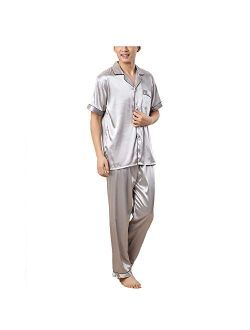 Wowcarbazole Men's Silk Satin Pajamas Set Long/Short Sleeve Button-Down Sleepwear with Front Pocket