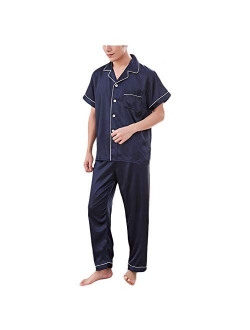 Wowcarbazole Men's Silk Satin Pajamas Set Long/Short Sleeve Button-Down Sleepwear with Front Pocket