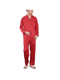 Wowcarbazole Men's Silk Satin Pajamas Set Long/Short Sleeve Button-Down Sleepwear with Front Pocket