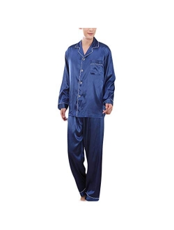 Wowcarbazole Men's Silk Satin Pajamas Set Long/Short Sleeve Button-Down Sleepwear with Front Pocket