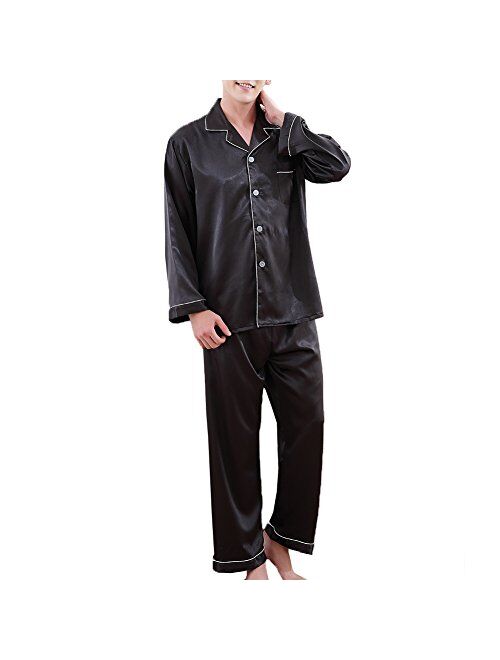 Wowcarbazole Men's Silk Satin Pajamas Set Long/Short Sleeve Button-Down Sleepwear with Front Pocket