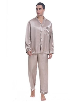 Lavenderi Men's Long Sleeve Silk Satin Pajama Set, Silky Pajamas Sleepwear