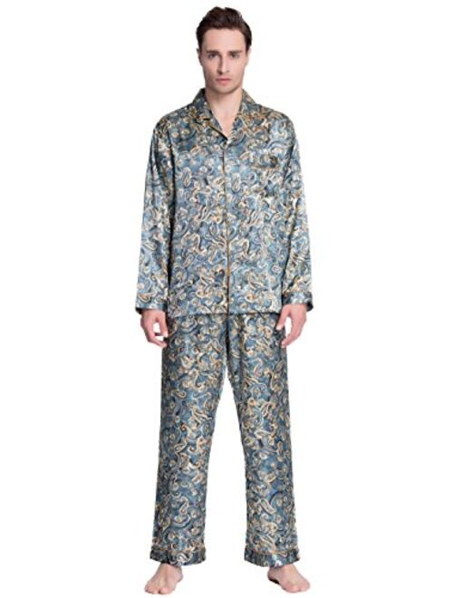 Lavenderi Men's Long Sleeve Silk Satin Pajama Set, Silky Pajamas Sleepwear