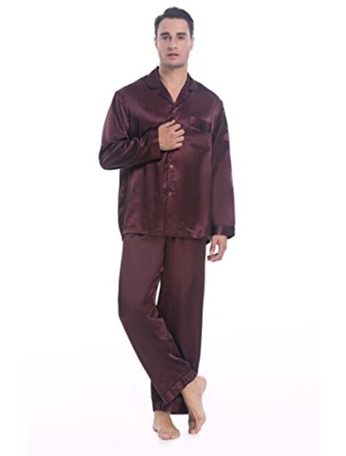 Lavenderi Men's Long Sleeve Silk Satin Pajama Set, Silky Pajamas Sleepwear