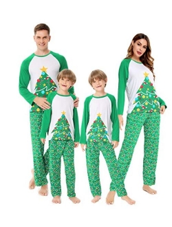 SWOMOG Matching Family Christmas Pajamas Printed Long Sleeve Tee and Plaid Pants Loungewear