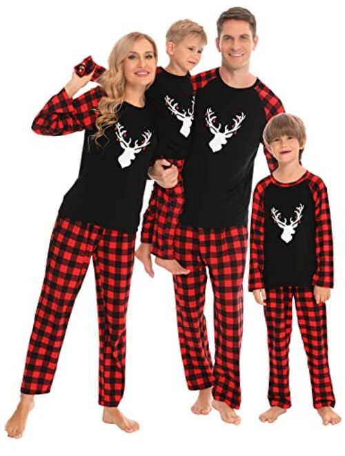 SWOMOG Matching Family Christmas Pajamas Printed Long Sleeve Tee and Plaid Pants Loungewear