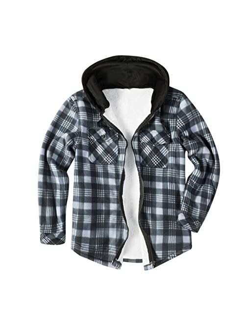 KEEYO Mens Sherpa Fleece Lined Plaid Jackets Hoodie Heavyweight Warm Oversize Full Zip Winter Flannel Shirt Jacket Outerwear