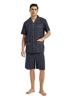 GLOBAL Men Short Pajama Set 100% Cotton, Summer Pajama for men Soft Classic Plaid Loungewear