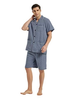 GLOBAL Men Short Pajama Set 100% Cotton, Summer Pajama for men Soft Classic Plaid Loungewear