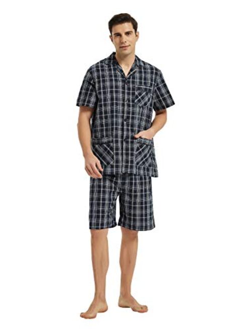 GLOBAL Men Short Pajama Set 100% Cotton, Summer Pajama for men Soft Classic Plaid Loungewear