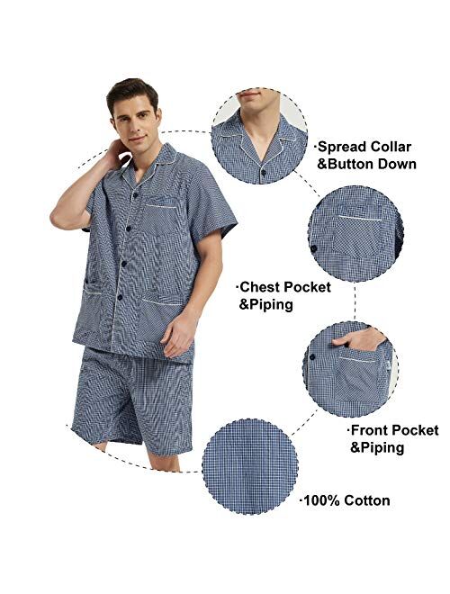 GLOBAL Men Short Pajama Set 100% Cotton, Summer Pajama for men Soft Classic Plaid Loungewear