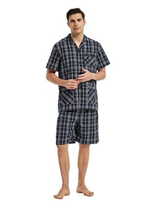 GLOBAL Men Short Pajama Set 100% Cotton, Summer Pajama for men Soft Classic Plaid Loungewear