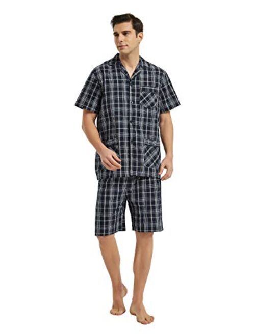 GLOBAL Men Short Pajama Set 100% Cotton, Summer Pajama for men Soft Classic Plaid Loungewear