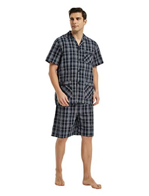 GLOBAL Men Short Pajama Set 100% Cotton, Summer Pajama for men Soft Classic Plaid Loungewear