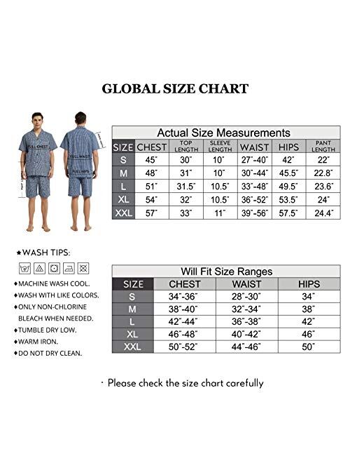 GLOBAL Men Short Pajama Set 100% Cotton, Summer Pajama for men Soft Classic Plaid Loungewear