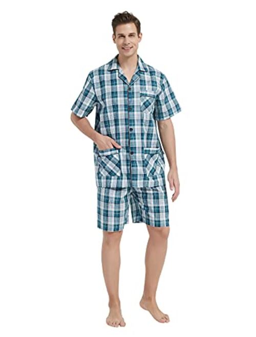 GLOBAL Men Short Pajama Set 100% Cotton, Summer Pajama for men Soft Classic Plaid Loungewear