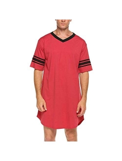 N /C Men Cotton Nightshirt, Short Sleeve V-Neck Soft Loose Nightwear