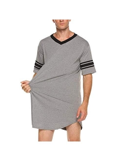 N /C Men Cotton Nightshirt, Short Sleeve V-Neck Soft Loose Nightwear