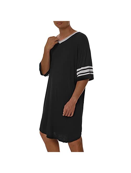 N /C Men Cotton Nightshirt, Short Sleeve V-Neck Soft Loose Nightwear