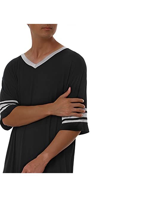 N /C Men Cotton Nightshirt, Short Sleeve V-Neck Soft Loose Nightwear