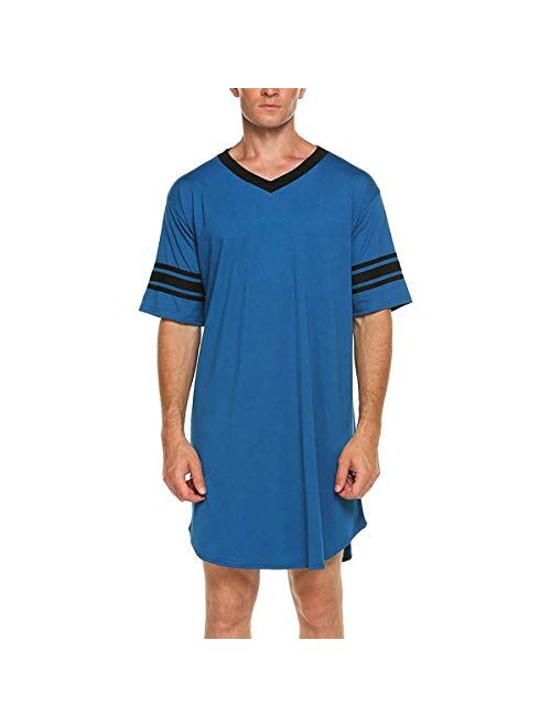 N /C Men Cotton Nightshirt, Short Sleeve V-Neck Soft Loose Nightwear