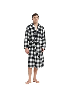 VULCANODON Mens Robe Plush, Shawl Collar Fleece Bathrobe Plaid Robe For Men