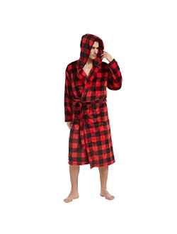 VULCANODON Mens Robe Plush, Shawl Collar Fleece Bathrobe Plaid Robe For Men