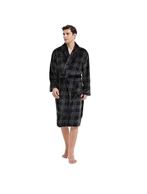 VULCANODON Mens Robe Plush, Shawl Collar Fleece Bathrobe Plaid Robe For Men